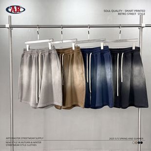 街潮洗水复古纯棉宽松男中裤 ARTIE男装 2025喷染做旧潮牌男短裤