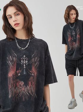 ARTIE男装丨磨破烂做旧高街宽松短袖T进击巨人印花炒雪花复古T恤