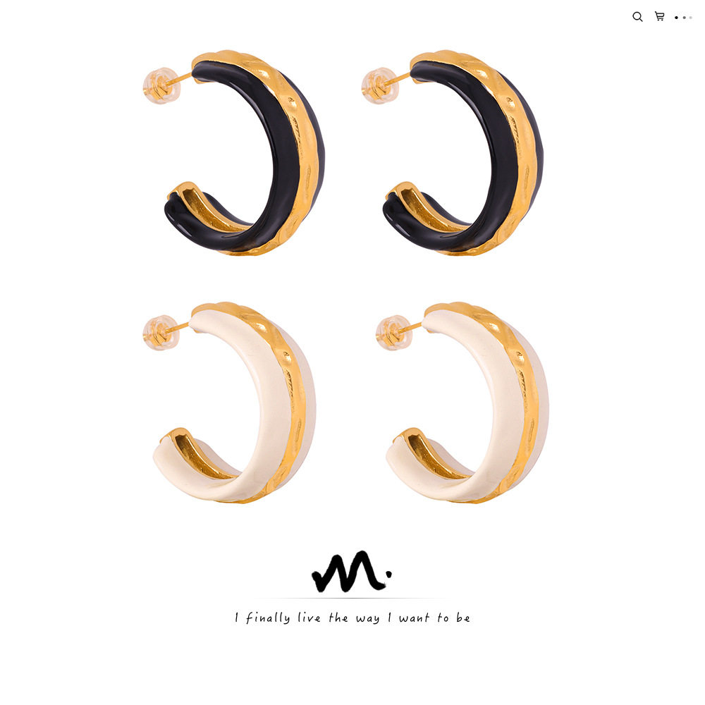 欧美新款时尚复古高级感夸张个性钛钢镀金半圆环形彩釉耳环饰品女