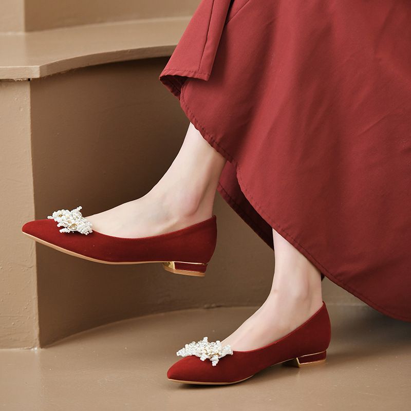 婚鞋女红色秀禾鞋粗跟亮片礼服鞋