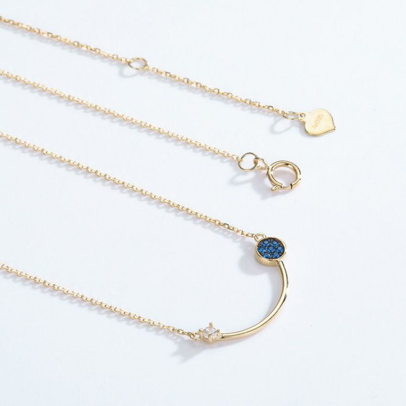 日本轻奢蓝尖晶抽象微笑14K黄金项链简约风几何圆形项链黄金