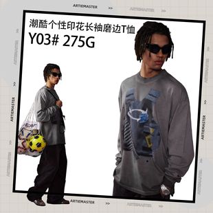 做旧磨边vintage风炒色男长袖 男 t恤 纯棉直喷印花打底衫 2025秋装