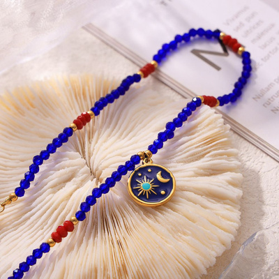 欧美跨境蓝红色水晶石手工编织项