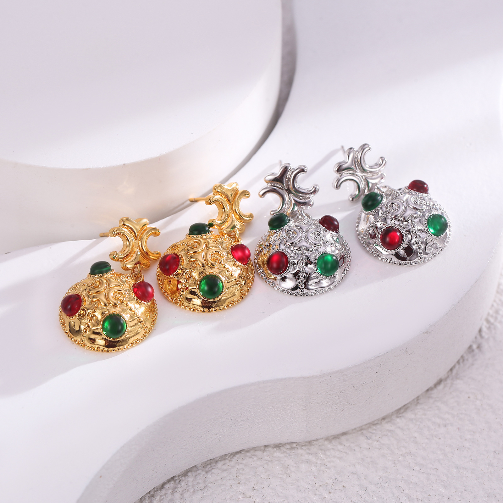 欧美复古风高定样式撞色彩石耳环s925银针中古轻奢质感耳饰女