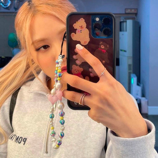 ROSE朴彩英同款软陶印花复古圆珠手机链挂饰品配饰潮牌小挂绳短款