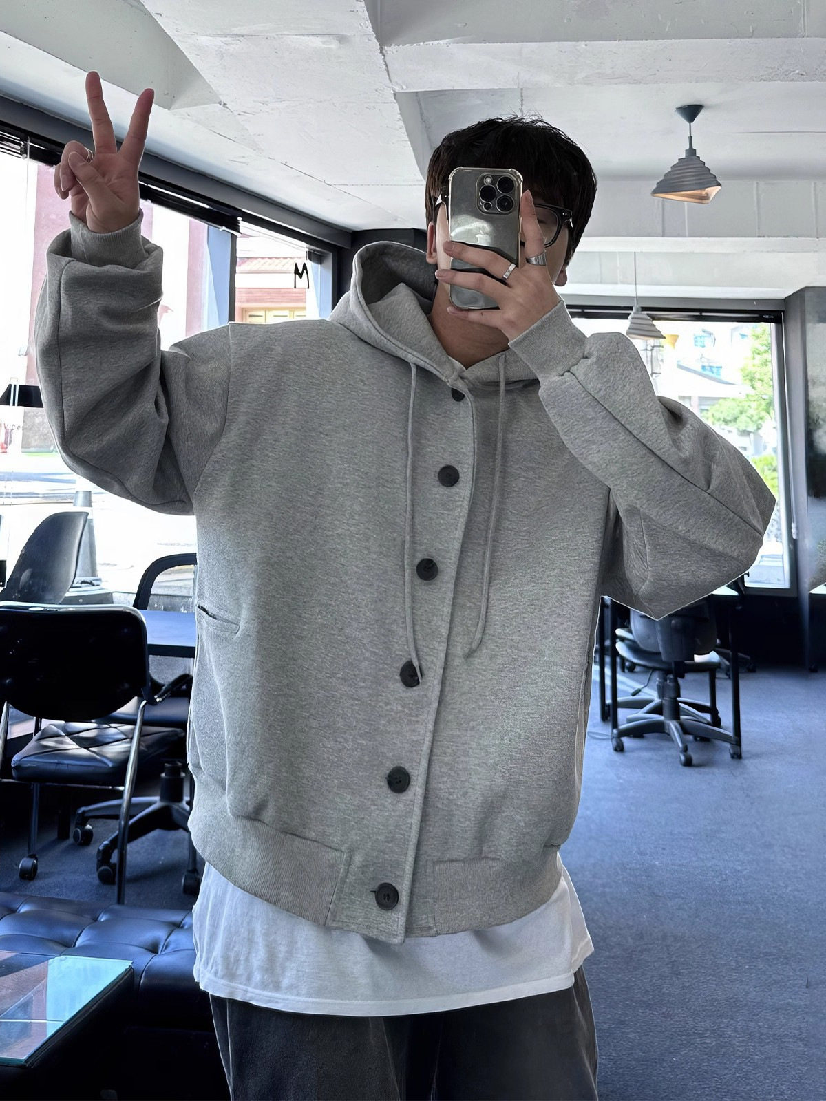 春季灰色连帽开衫卫衣男韩版百搭运动休闲卫裤套装青年学院风外套