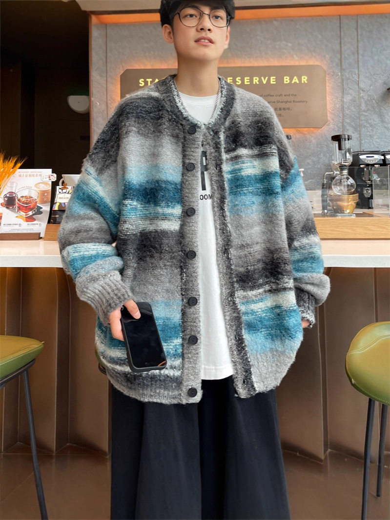 复古彩色条纹撞色开衫毛衣男女慵懒圆领宽松情侣针织外套2026春秋