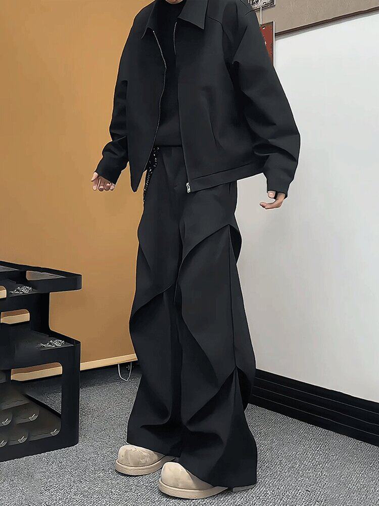 黑色微喇西裤垂坠感阔腿裤子男2026熟季褶皱伞兵工装裤设计感潮男
