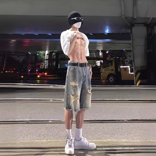 美式复古破洞牛仔短裤男夏季潮牌设计感小众宽松直筒阔腿五分裤子