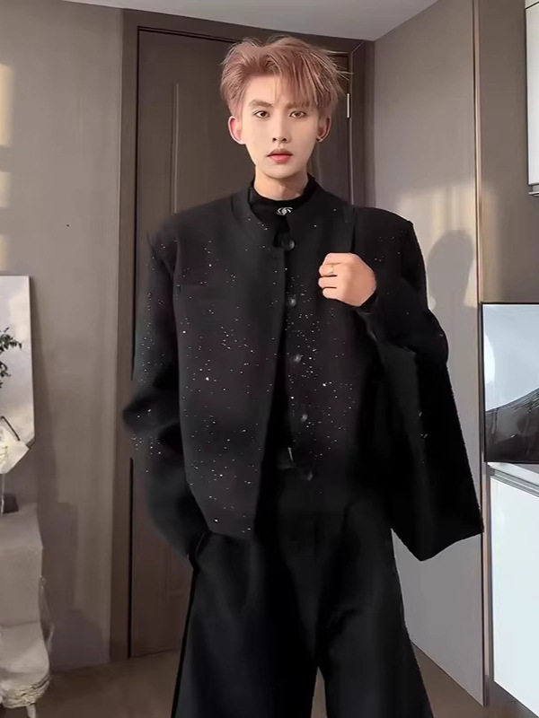 2026秋季满天星男式新中式中山装套装垫肩立领西服修身短款西装潮