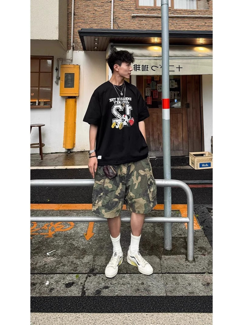 美式复古迷彩工装短裤男夏季水洗vibe伞兵伐木裤休闲阔腿四五分裤