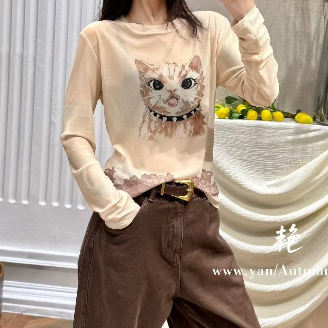 南油MC欧洲站026秋款欧韩卡通印花修身显瘦减龄打底衫长袖上衣女