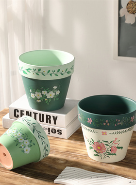 北欧高级轻奢仿手绘陶土花盆桌面绿植盆栽装饰朱顶红绿萝复古花盆