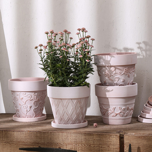 雾化白陶瓷花盆红陶浮雕红陶盆粗陶瓦盆家用陶土陶盆朱顶红玫瑰花