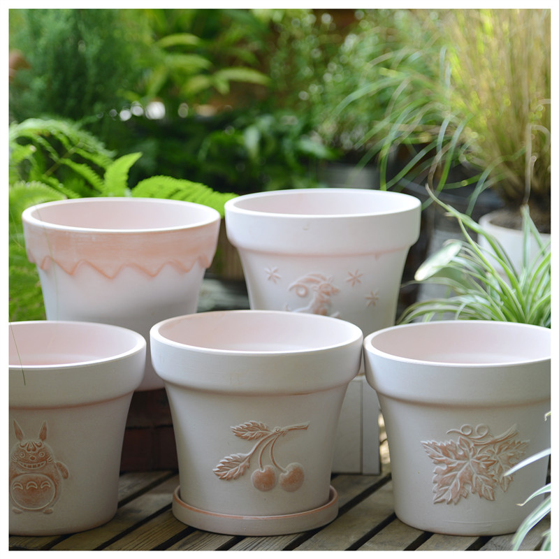 雾化白浮雕透气花盆简约红陶