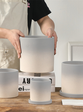 简约素烧渐变灰色陶瓷直筒花盆绿植陶土盆栽装饰透气大口径花盆