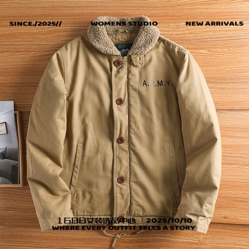 冬季甲板服棉袄棉衣中年加厚加绒工装夹克复古羊羔绒外套男