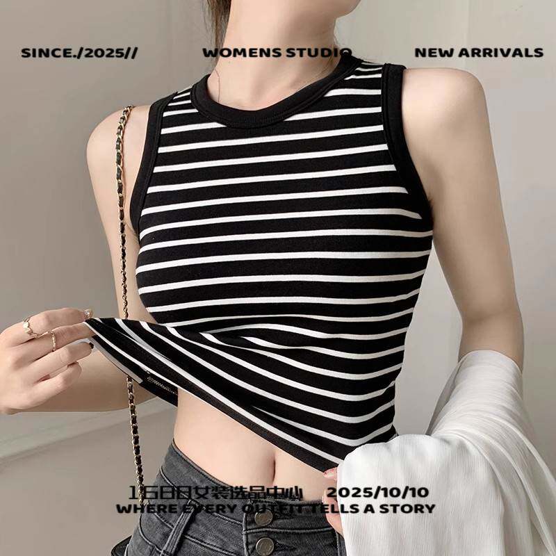 可斐义乌市服饰工装背心条纹女新款带胸垫外穿夏季文胸修身一体无