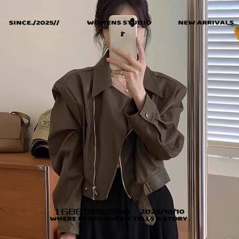 东莞虎门女装t恤复古皮衣外套女新款春秋小个尚百搭显瘦机车皮短