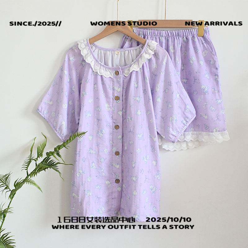广州汕头品牌睡衣夏季全棉短袖短裤双层纱圆领花边领女款睡衣家居