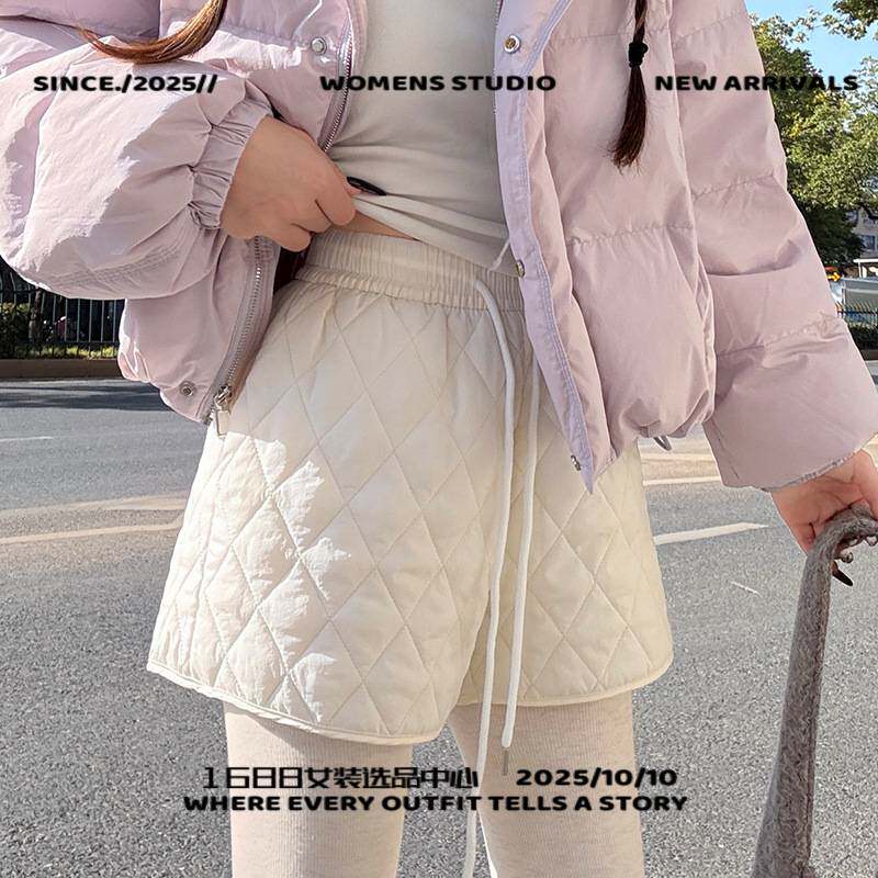 广州又米服饰菱形夹棉短裤女秋冬新款宽松高腰显瘦小个子加厚保暖