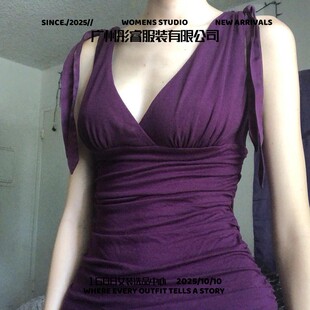 广州彤睿服装有限公司气质复古性感低胸深绑带背心优雅纯欲紫色褶