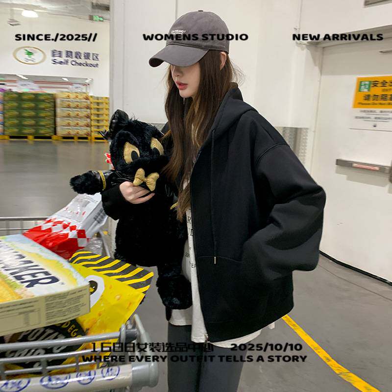 义乌可斐服饰市娥状灰色连帽卫衣女装早秋新款宽松外套韩系慵懒风
