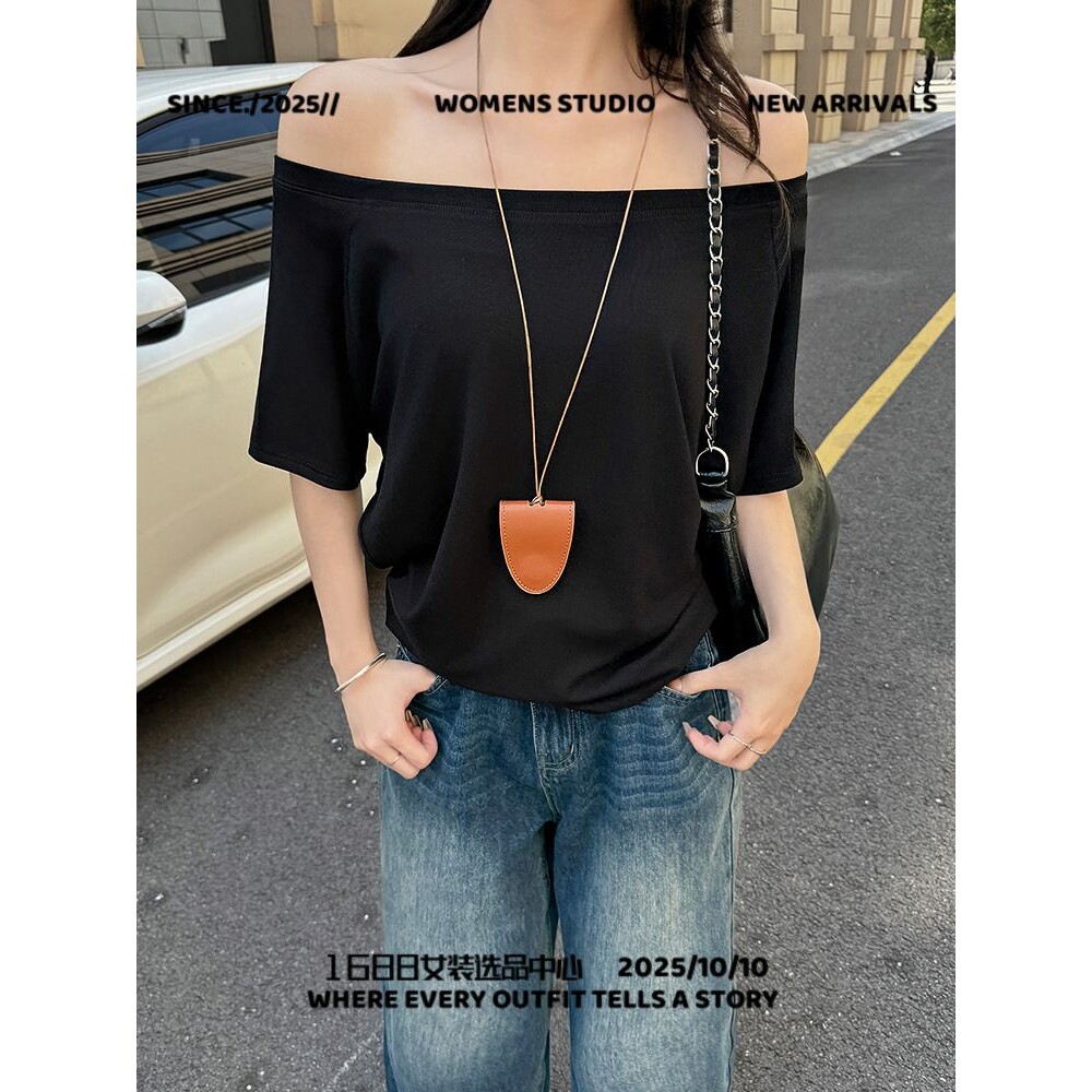 宁波市海曙新腔调服饰黑色一字肩短袖恤女夏季新款甜辣妹斜肩宽松