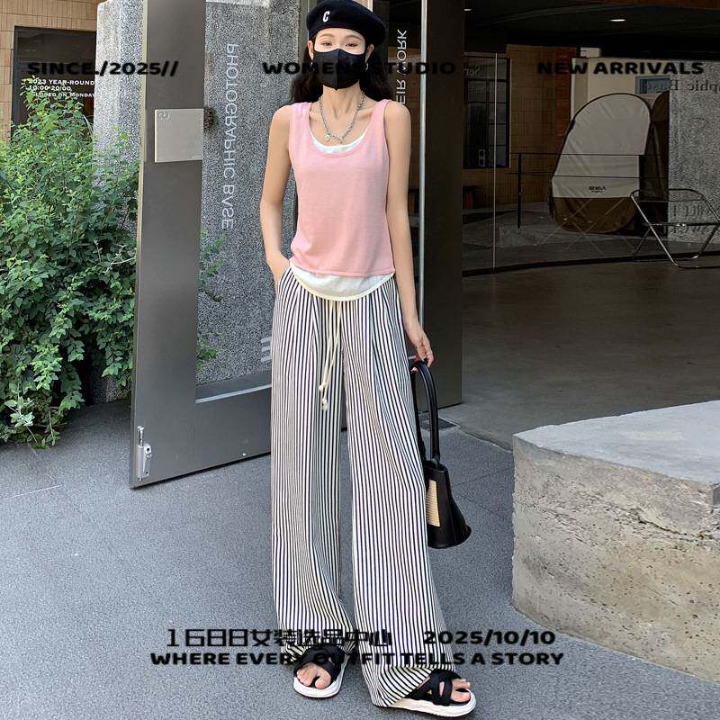 浙江至纯服饰竖黑白条纹裤女新款高腰休闲宽松慵懒遛弯裤显瘦小个
