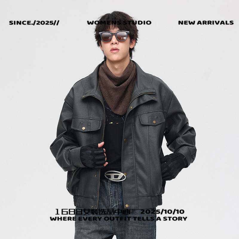 浙江平湖羽绒服美式复古皮衣男士春秋季新款皮夹克男款百搭立领帅