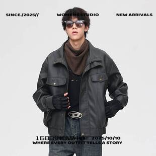 浙江平湖羽绒服美式复古皮衣男士春秋季新款皮夹克男款百搭立领帅