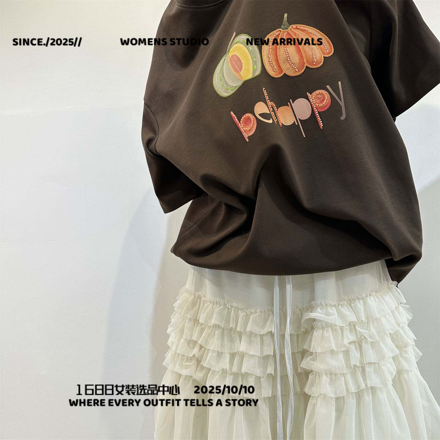 广州富雅服装南瓜重工钉珠宽松百搭美式休闲印花短袖棉质圆领上衣
