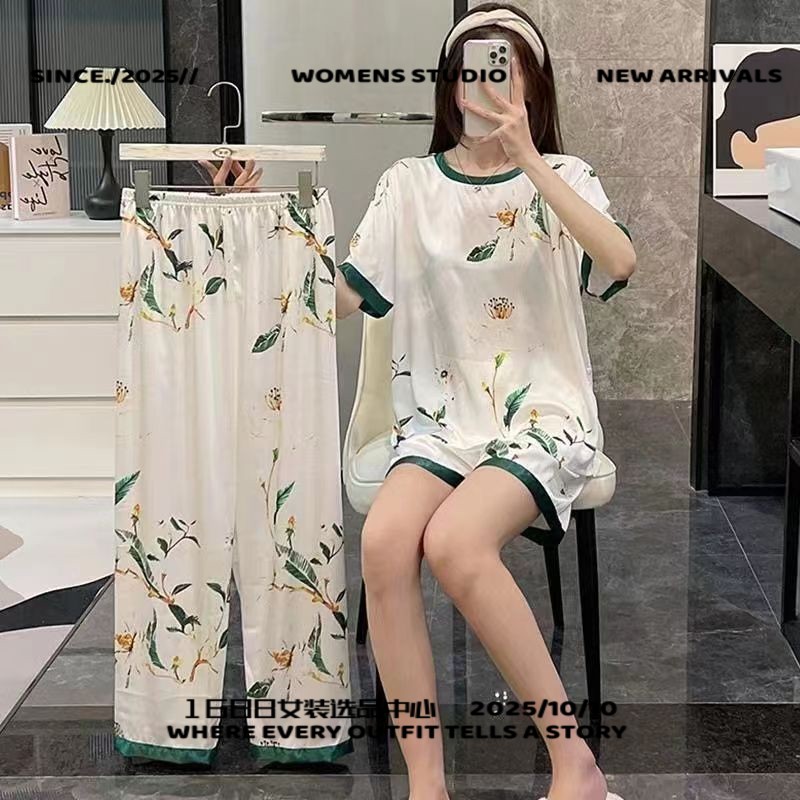 睡衣女士夏季牛奶丝短袖七分裤三件套女士家居服薄款休闲