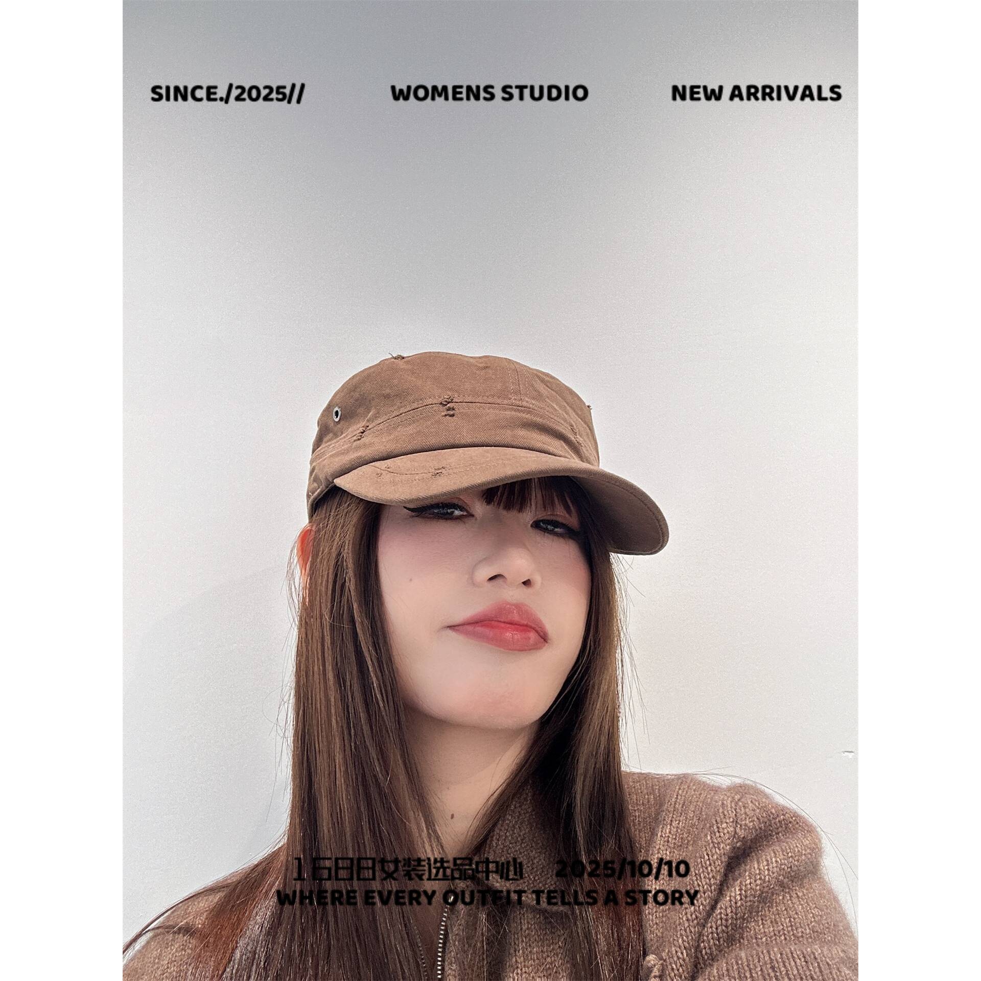 浙江爱度服饰人字纹棉磨破洞平顶工装风棒球帽女姆爷同款复古休闲