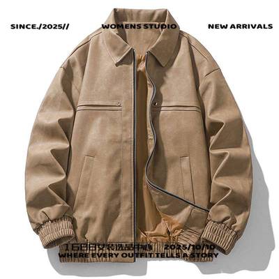 浙江平湖羽绒服春秋季新款美式翻领飞行员夹克皮衣痞帅侣款宽松皮