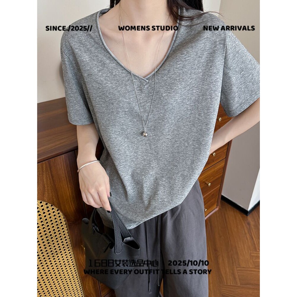 青岛欧兰雅服饰卷边竹节棉领短袖恤女夏季新款宽松简约设计感打底