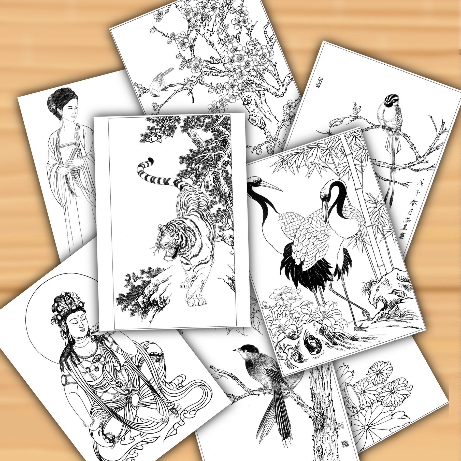 工笔画白描底稿小品线稿花鸟人物动物观音临摹练习熟宣