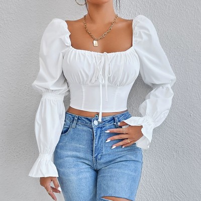 Y2K Slim Blouses Women Bow Backless Puff Long Sleev Crop Top