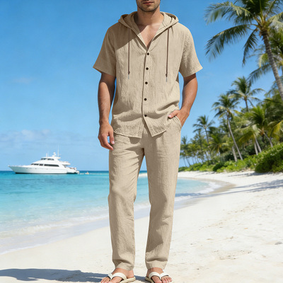 Men's loose casual hooded short sleeve shirt set男休闲夏套装