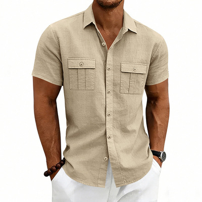 Men's formal linen short sleeve shirt multiple pockets lapel