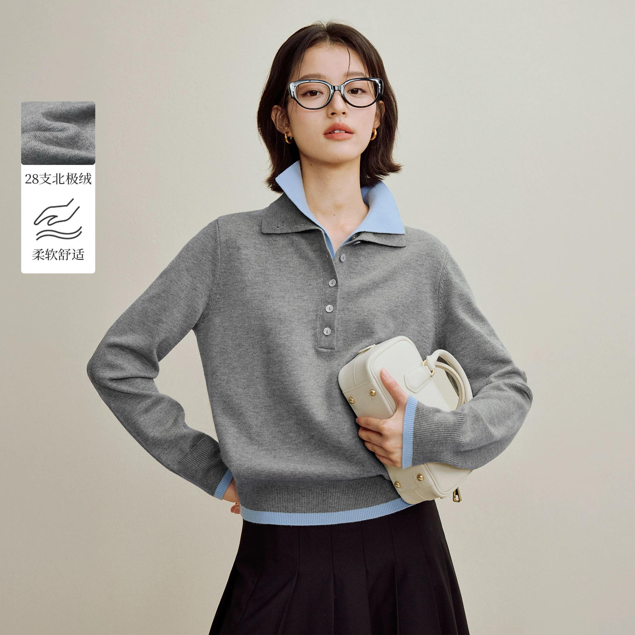 复古双层翻领长袖针织衫女2026年早春新款百搭高智风套头灰色毛衣