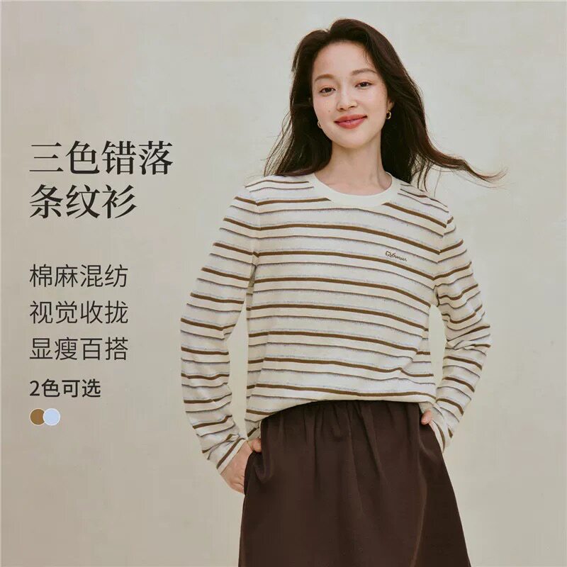 撤柜慵懒风复古条纹长袖T恤女2026年秋季新款松弛感圆领正肩上衣