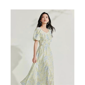新薄荷泡泡袖 度假风法式 碎花连衣裙女2025年夏季 气质收腰显瘦长裙
