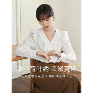 气质长袖 薄衬衫 衬衣女2026春季 百搭别致花边小飞袖 上衣 新款 法式