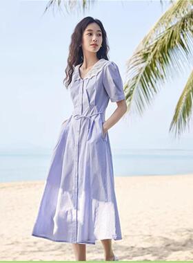 撤柜法式文艺连衣裙女2026年夏季新款镂空花边领收腰显瘦a字裙子
