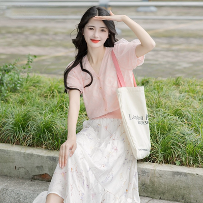 夏季V领泡泡袖薄款短袖针织开衫