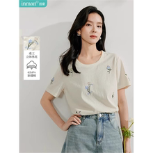 茵曼休闲植物刺绣短袖T恤女2025年夏季新款宽松圆领正肩杏色上衣