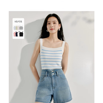 夏季条纹方领针织修身吊带背心