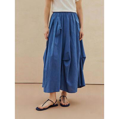 青花瓷|撤柜克莱因蓝不规则垂坠感半身裙女2026夏季纯棉长款伞裙