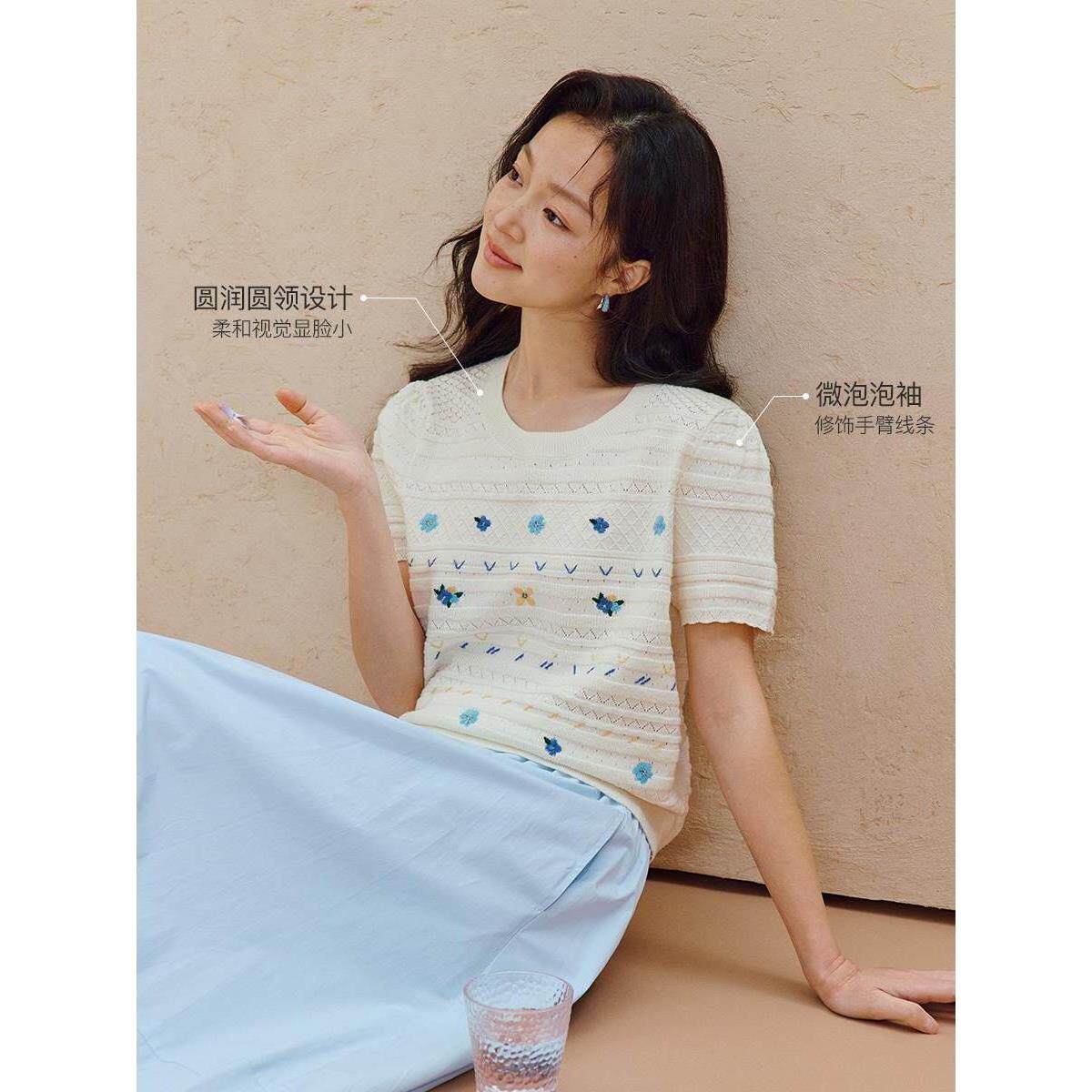 撤柜清新彩色绣花薄款针织衫2026年夏季女装新款显瘦宽松短袖上衣